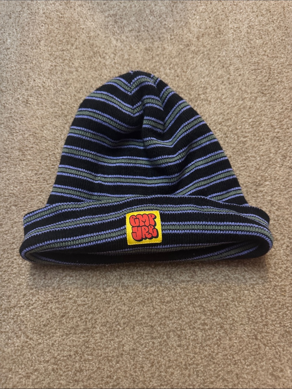 Empyre Striped Knit Beanie with Logo Patch - Black green purple